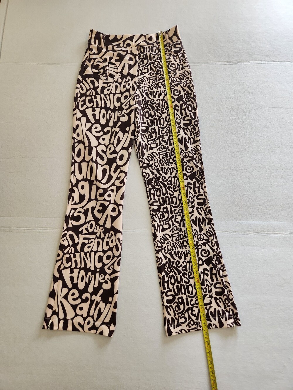 House of Sunny Brown and Cream Graphic Boot Cut Pants Size 4 With Slit Hem - Picture 5 of 13